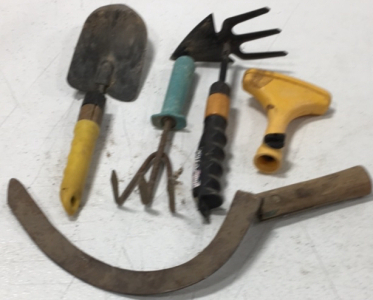 (1) Hand Shovel (1) Hand Rake (1) Hand Hoe (1) Handheld Sprayer (1) Sickel