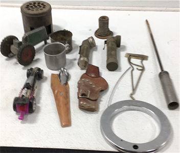 (2) Army Flashlights, (2) Tin Cups, (1) Camping Silverware, (2) Kids Toys