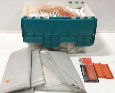 (1) Plastic Tote of Assorted 3/4" PVC Fittings (3) Painters Plastic Drop Cloths (3) Small Mitter Boxes