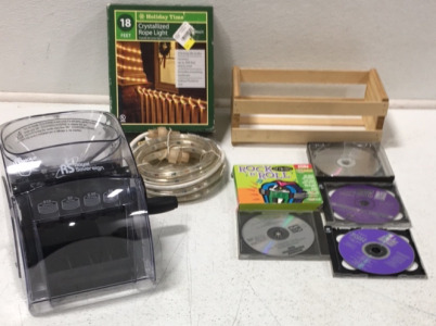 (1) Christmas Rope Light (5) CDs (1) Wood CD Holder & More
