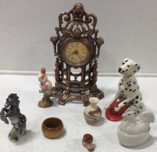 (1) Clock (1) Porcelain Bird (1) Porcelain Horse (1) Wood Bowl 1) Ceramic Dalmatian (1) Ceramic Vase (1) Ceramic Bowl (1) Ceramic Cowboy