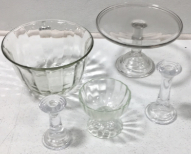 (1) Cake Plater (1) Serving Bowl (1) Candy Dish (2) Candle Holders