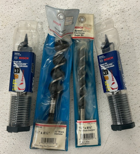 (1) Bosch 1 1/2&rsquo;&rsquo; x 7 1/2&rsquo;&rsquo; Auger Bit, (1) Bosch 1 1/4&rsquo;&rsquo; x 7 1/2&rsquo;&rsquo; Auger Bit, (1) 1 1/4&rsquo;&rsquo; x 8 1/2&rsquo;&rsquo; Ship Auger Bit, (1) 11/16&rsquo;&rsquo; x 8 1/2&rsquo;&rsquo; Electrician Auger Bit