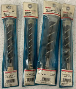(2) 13/16&rsquo;&rsquo; x 8 1/2&rsquo;&rsquo; Electrician Auger Bit, (1) 11/16&rsquo;&rsquo; x 8 1/2&rsquo;&rsquo; Electrician Auger Bit, (1) 1 1/8&rsquo;&rsquo; x 8 1/2&rsquo;&rsquo; Electrician Auger Bit