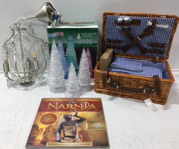 (1) 24&rdquo; LED Chandelier (1) 3 Multi-Colored LED Acrylic Trees (1) California Picnic Basket Set & More!
