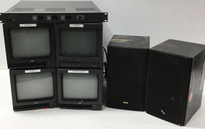 (1) Videotek Video Monitor Model VTM-100D (2) RCA Bookshelf Speakers (3) JVC Video Monitors Model TM-9U(A) (1) JVC Video Monitor Model TM-A9U