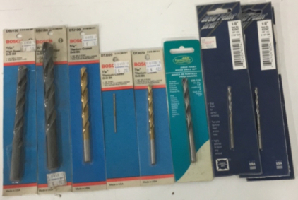 Bosch Drill Bits (1) 13/32&rdquo; Bit (1) 1/2&rdquo; Bit 5/16&rdquo; Bit (1) 1/16&rdquo; Bit (1) 7/32&rdquo; Bit (1) Timberline 1/4&rdquo; Drill Bit (3) 1/8&rdquo; Brad Point Drill Bit
