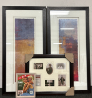 8x10 OAK PICTURE FRAME, 16x20 COLLAGE FRAME, AND PAIR OF MODERN ART FRAMED PICTURES 21-1/4x 43
