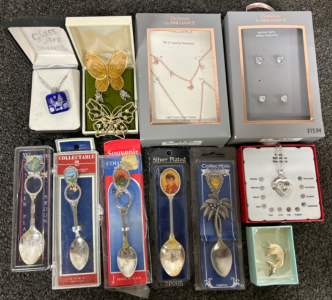 COLLECTIBLE SPOONS, NECKLACES, EARRINGS AND PINS