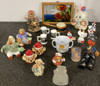 CERAMIC FIGURINES, STAINED GLASS WALL SIGN, SALT AND PEPPER SHAKERS, BEAR MUG, BEAR SHOT GLASS AND MORE