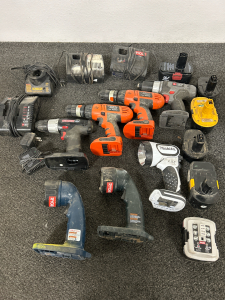 4 CORDLESS DRILLS, 3 CORDLESS FLASHLIGHTS, 6 BATTERIES, 5 CHARGERS AND LARGE CLOTH TOOL BAG (1 RYOBI BATTERY FITS CHARGER, 1 DEWALT BATTER FITS CHARGER-CHARGERS POWER ON)