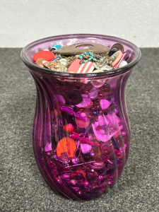 VASE WITH MIXED COSTUME JEWELRY AND BUTTONS