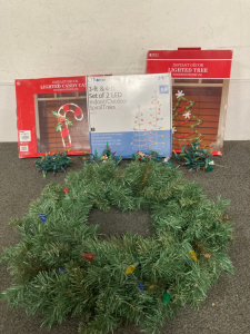 CHRISTMAS LIGHTS, (4) 8FT MULTI COLOR STRANDS, INDOOR/OUTDOOR SPIRAL TREES 3FT AND 4FT. LIGHTED CANDY CANE, LIGHTED TREE, WREATH