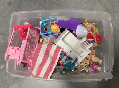 (1) BIN OF BARBIES, DOLL ACCESSORIES, AND MORE