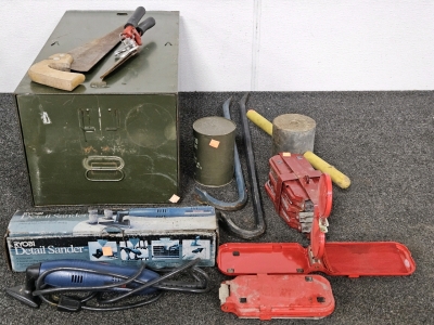 RYOBI SANDER (NOT TESTED), CROWBARS, EMERGENCY REFLECTORS, POST HAMMER