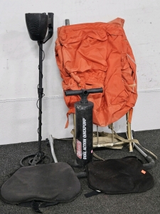 HIKING PACK, METAL DETECTOR (PARTS/REPAIR), COLEMAN PUMP, GEL SEAT PADS
