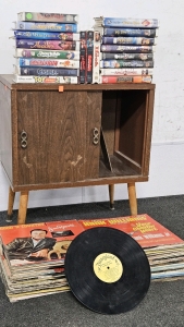 VINTAGE PHONOGRAPH STAND, LP RECORDS, VHS MOVIES