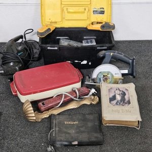 RYOBI CORDLESS CIRCULAR SAW (NO BATTERY), WORKING HAND VAC, TOOLBOX W/ CONTENTS, MORE