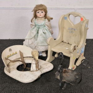 16" PORCELAIN DOLL, ANTIQUE WOOD POTTY TRAINING SEAT, WOOD DOLL CHAIR, CANDLE STAND