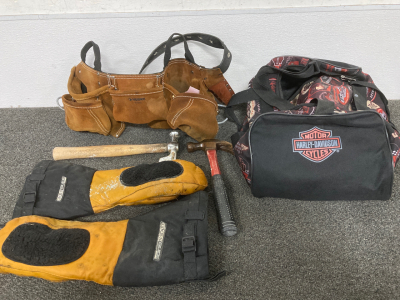HUSKY LEATHER TOOL BELT, HAMMER, CARPENTERS HAMMER, LEATHER MITTENS, HARLEY DIFFEL BAG
