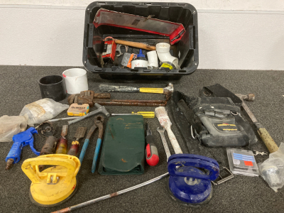 TOTE WITH TOOLS, (2) HAMMERS, PIPE WRENCH, TOOL POUCH