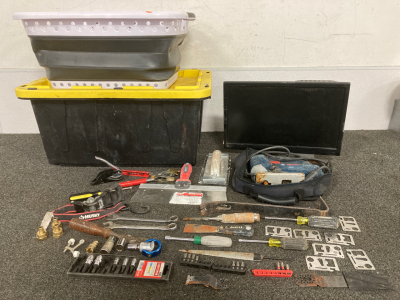 TOTES OF TOOLS INCLUDING MULTITOOLS, SCREW DRIVER BITS, SOCKETS; BOSCH JIG SAW (NOT TESTED), ELEMENT MINITOR 18&rdquo; (NO CORDS, UNTESTED)