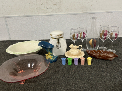 GRAPE THEMED WINE GLASSES WOTH DECANTER, CANISTER, DECOR BOWLS AND MORE