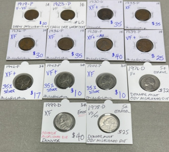 (7) Early Dates Wheat Pennies Dated 1869-1939, (7) Nickels Dated 1943-2020
