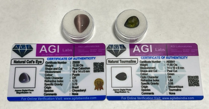 (1) 11.60ct Pear Cut Green Tourmaline, (1) 12.30ct Purple Cats Eye&hellip; Both Natural Gemstones W/ C.O.A.