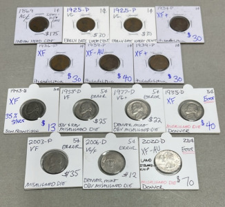 (7) Early Dates Wheat Pennies Dated 1869-1939, (7) Nickels Dated 1943-2020