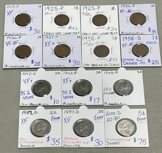 (8) Early Dates Wheat Pennies Dated 1919-1958, (7) Nickels Dated 1942-2000
