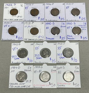 (8) Early Dates Wheat Pennies Dated 1925-1956, (6) Nickels Dated 1942-2004