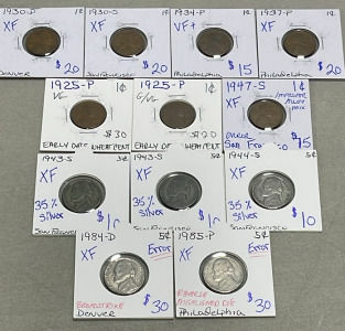 (4) Early Date Wheat Pennies 1925-1947 (3) 35% Silver Nickels 1943-1944, (2) Error 1984-1985 Nickels