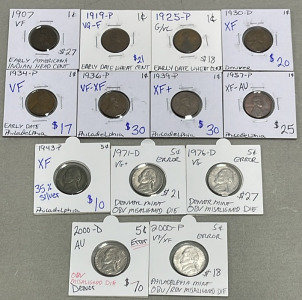 (8) Early Dates Wheat Pennies Dated 1907-1957, (6) Nickels Dated 1943-2000