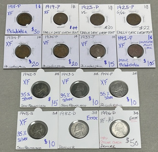(8) Early Dates Wheat Pennies Dated 1918-1942, (6) Nickels Dated 1942-1996