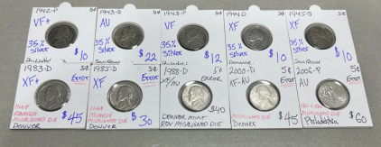 (5) 35% Silver Nickels Dated 1942-1945 (5) Nickels 1983-2006 W/ Errors