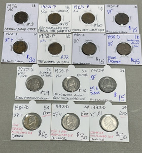 (8) Early Dates Wheat Pennies Dated 1906-1958, (6) Nickels Dated 1937-1993