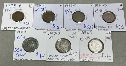 (4) Pennies Dated 1928-1980 (3) Nickels 1943-1992 W/ Errors