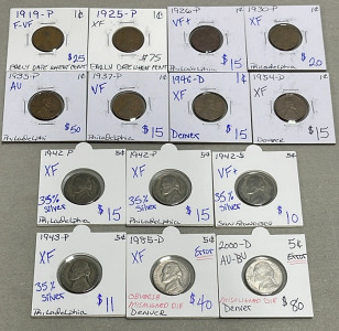 (8) Early Dates Wheat Pennies Dated 1919-1954, (6) Nickels Dated 1942-2000