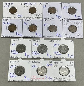 (8) Early Dates Wheat Pennies Dated 1919-1941, (6) Nickels Dated 1942-1989