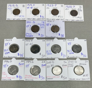 (6) Early Dates Wheat Pennies Dated 1919-1951, (8) Nickels Dated 1943-2021
