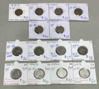 (6) Early Dates Wheat Pennies Dated 1919-1937, (8) Nickels Dated 1943-2016