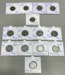 (5) Early Dates Wheat Pennies Dated 1919-1938, (9) Nickels Dated 1943-2007