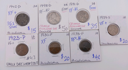 (4) Early Date Pennies 1925-1939 (3) Nickels 1942-1998
