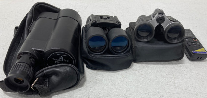 (1) Russian Spotting Scope Tourist-6 20-30x50 (1) Promaster 16x32 Binoculars (1) Vivitar 4x30 Binoculars (1) Olympus VN-541PC Digital Recorder