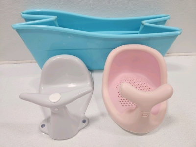 (2) Baby Bath Seats (Gray/Pink) With Suction Cups (1) Portable/ Collapsible Baby Bath Tub (Blue)