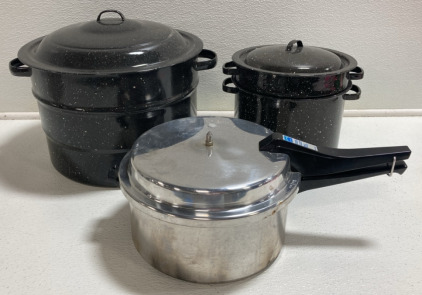 (1) Canning Pot, (1) 2pc Pot, (1) Pressure Pot