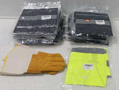 (19) Black/Gray Safety Vests Size XL (1) Fluorescent Safety (1) Pair Leather Gloves