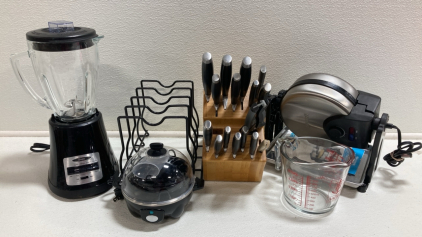 Oster Blender, Egg Cooker, Knife Block w/ (16) Assorted Knives, 4-Cup Anchor Glass Measuring Cup, Belgian Waffle Maker