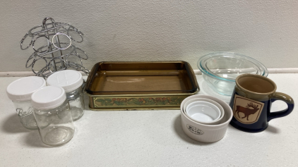 Pyrex Bake Dish, (2) Pyrex Mixing Bowls, (3) Ramekins, (3) Mason Jars w/ Lids, Coffee Pod Holder, Large Coffee Mug